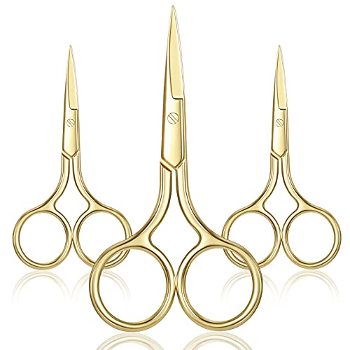 Mudder 3 Pack Small Nose Scissors Facial Hair Trimming Mini Beauty Stainless Steel Grooming Pointed Scissor for Grooming Eyebrows, Nose, Mustache, Beard(Gold)
