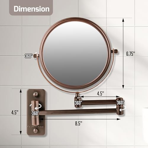 OVENTE 7" Wall Mounted Makeup Mirror with 1X/10X Magnification, Double Sided Magnifying Round Bathroom Vanity Mirror, 360¡Æ Swivel Design, Extendable and Folding Arm, Antique Bronze MNLFW70ABZ1X10X