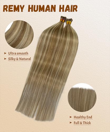 Human Hair Extensions Balayage Brown to Blonde 14 Inch 50g - Seamless I Tip, Ultra Soft, Long Hair