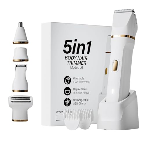 5-in-1 Bikini Trimmer Electric Razors with USB Cord, Excellent Facial Hair Elimination, Wet/Dry Body Shaver for Nose, Eyebrows, Beard, Leg, and Arm, IPX7 Waterproof (White)
