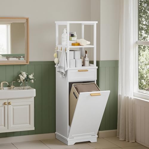 Tilt Out Laundry Hamper Cabinet with Shelves and Drawer - White, 53 Inch