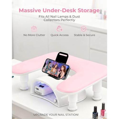 Arm Rest for Nails Tech with Phone Holder,Adjustable Nail Hand Rest for Acrylic Nails,PU Leather-Pink