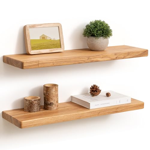 Floating Wall Shelves Set of 2 - 24 Inch Reclaimed Elm Rustic Storage for Kitchen & Bathroom - Variation Elm / 6.7"D x 24"L