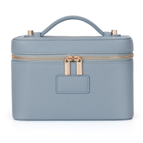 Blue Waterproof Leather Makeup Bag Vanity Case with Removable Divider