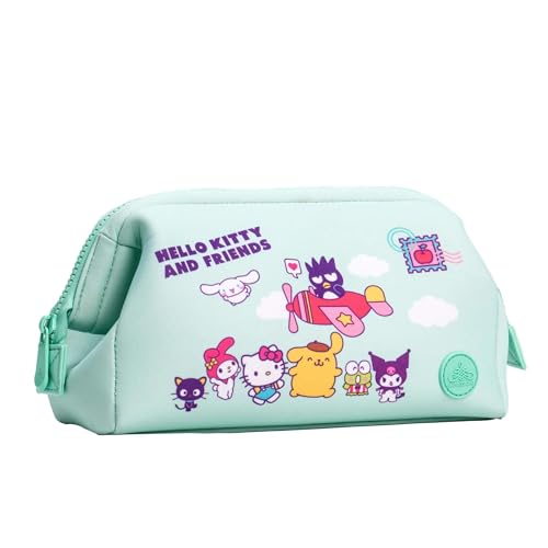 Impressions Vanity Hello Kitty and Friends Vacay Cosmetic Pouch for Women, Vacation Print Artwork Travel Makeup Bag Organizer with 2 Inner Pocket, Metal Zipper Faux Leather Handheld Purse (MInt)