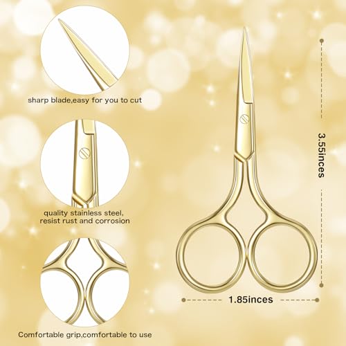 Mudder 3 Pack Small Nose Scissors Facial Hair Trimming Mini Beauty Stainless Steel Grooming Pointed Scissor for Grooming Eyebrows, Nose, Mustache, Beard(Gold)