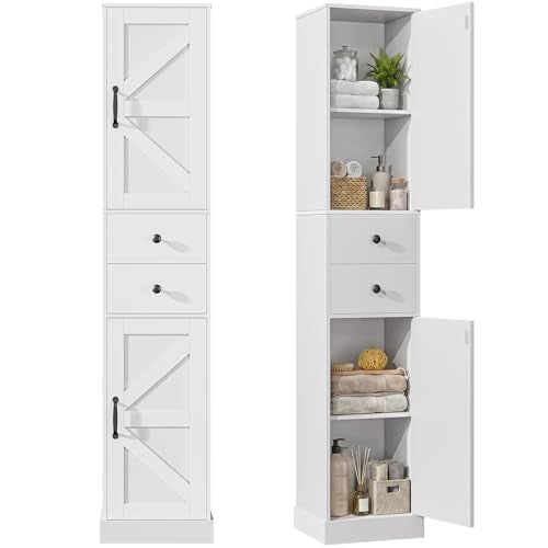 Tall Narrow Bathroom Storage Cabinet with 2 Doors & Drawers - White 11.8" W
