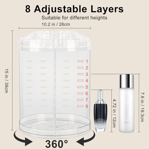 AMEITECH 8-Layer Rotating Makeup Organizer with Lipstick Storage - Large Capacity, Adjustable & Clear
