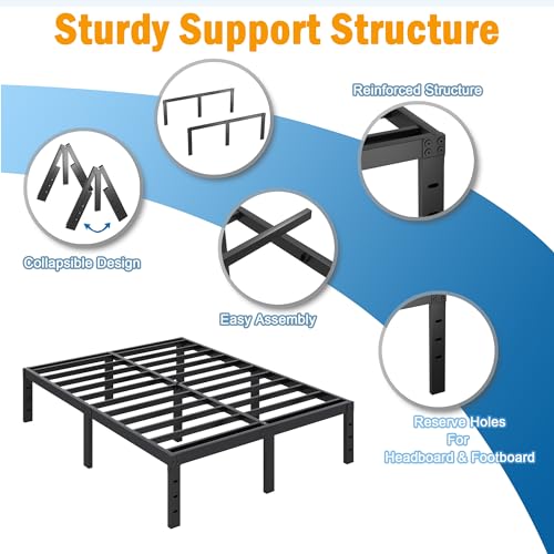 Queen Size 14 Inch Heavy Duty Metal Bed Frame - No Box Spring Needed, Under-Bed Storage, Noise-Free, Easy Assembly
