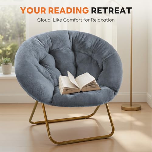 Grey Faux Fur Saucer Chair for Adults - Foldable Lounge Seat, 35.83" Wide