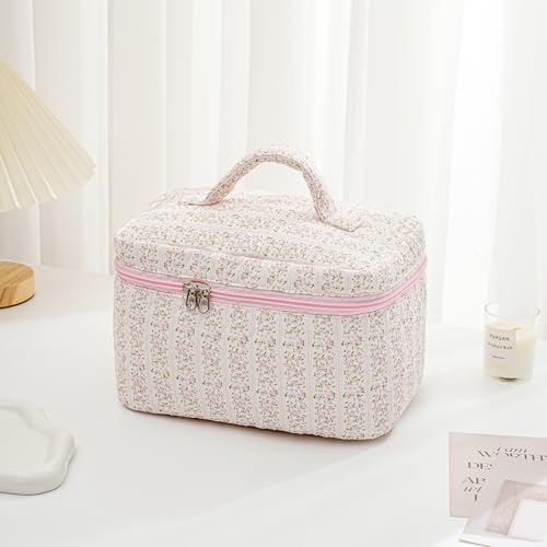 2 Pcs Makeup Bag Cosmetic Bag for Women Girls, Cute Large Large Floral Cosmetic Bag, Flower Travel Toiletry Bag Makeup Brushes Cotton Makeup Bag Set (Pink+Pink)