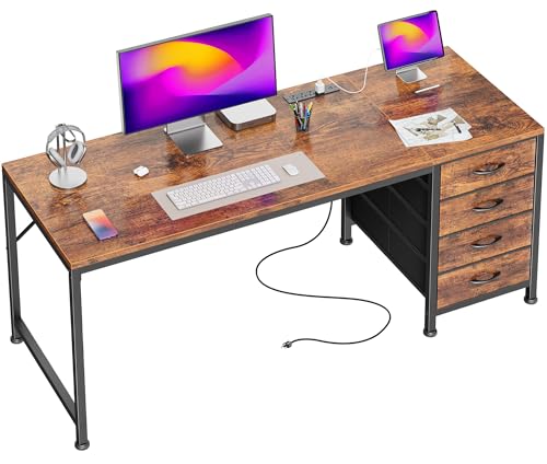 PRAISUN Rustic Brown 55 Inch Computer Desk with USB-C & Power Outlets, Reversible Gaming & Workstation with 4 Fabric Drawers