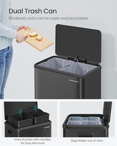 SONGMICS Stainless Steel Trash Can 2 x 8 Gallon, Black - Version 2