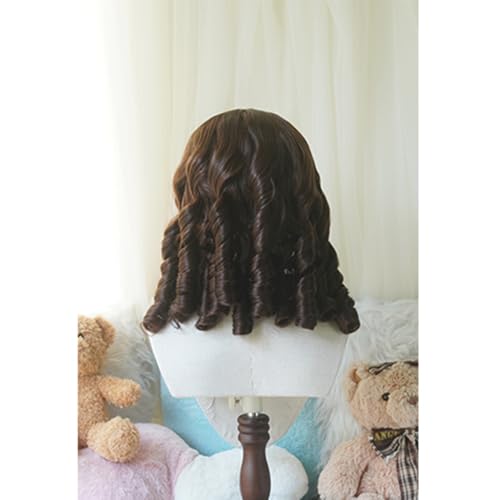 Vintage Lolita Costume Wig with Bangs & Spiral Curls - Deep Brown