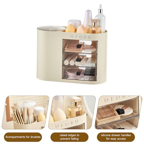 UFORU Makeup Organizer with Pop-Up Brush Holder - Cream White Vanity Storage