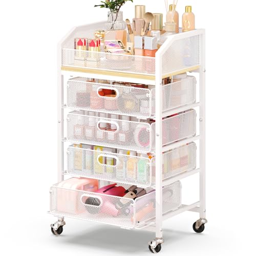 White Rolling Makeup Organizer Cart with Drawers - 5 Tier Metal Storage