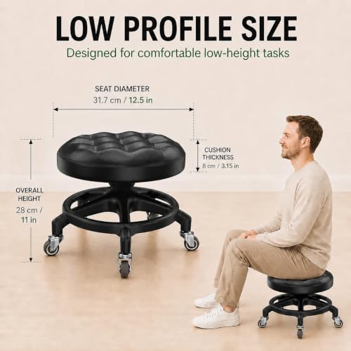 Heavy Duty Low Rolling Stool with Quiet Rubber Wheels - Supports 600 lb, Garage & Salon Use