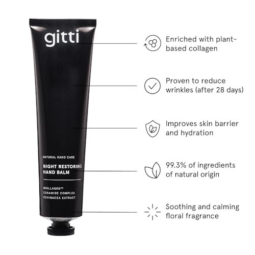 gitti Night Restoring Hand Balm I Natural Hand Care, Non-Toxic, 99% Natural Origin, Cruelty-Free, Vegan Collagen, Restores Skin Barrier, Reduces Wrinkles, Hydrates Skin, Floral Scent (2.53 fl oz)