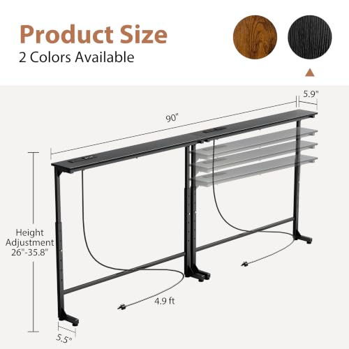 Black Adjustable Height Narrow Console Table with Power Outlets - 90 Inch Sofa Entryway Table