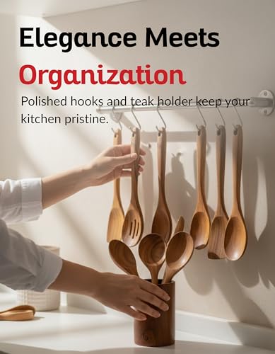 Teak Wood Utensil Set - 12-Piece Natural Wooden Cooking Tools for Nonstick & Durable Kitchen Use