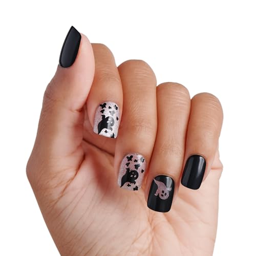 KISS imPRESS Halloween Press On Nails, ¡®Coming Near¡¯, Black, Short Squoval, Magnetic Powder Effect, No Glue, Glow-In-The-Dark, Includes Prep Pad, Mini Nail File, Manicure Stick & 30 Fake Nails