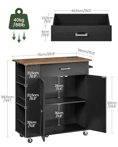 Kitchen Island Cart with Storage and Charging Station - Black and Walnut