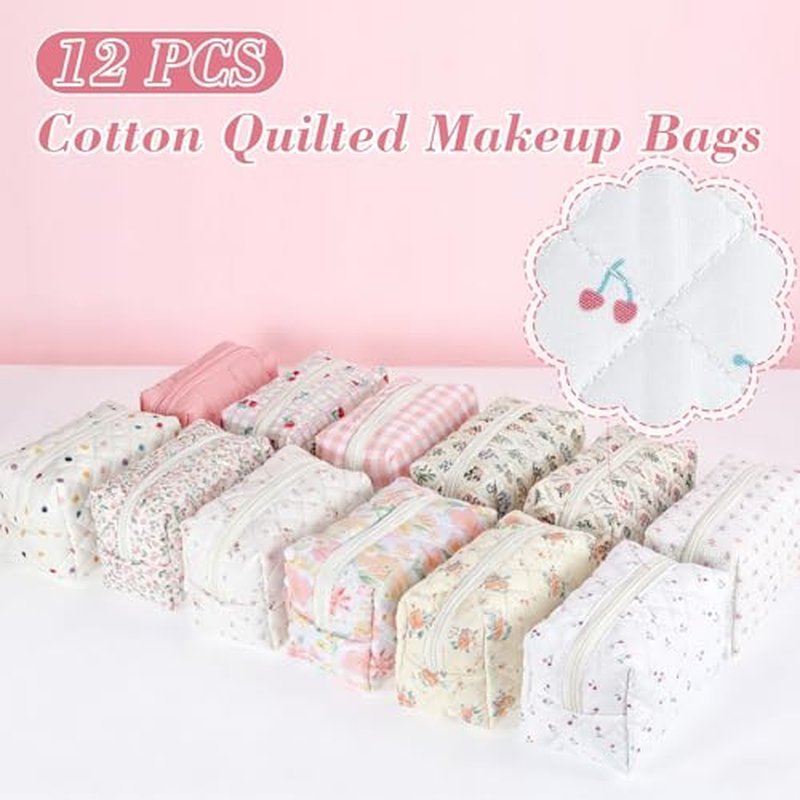 12 Pcs Cotton Quilted Makeup Bag for Women Girls Small Quilted Makeup Bag for Women Coquette Aesthetic Makeup Pouch Floral Cotton Cosmetic Bag Travel Toiletry Bag Organizer for Her Mom Friend Sister