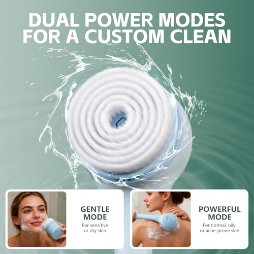 Electric Body Scrubber Back Brush with 4 Heads Waterproof Dual Handle Blue
