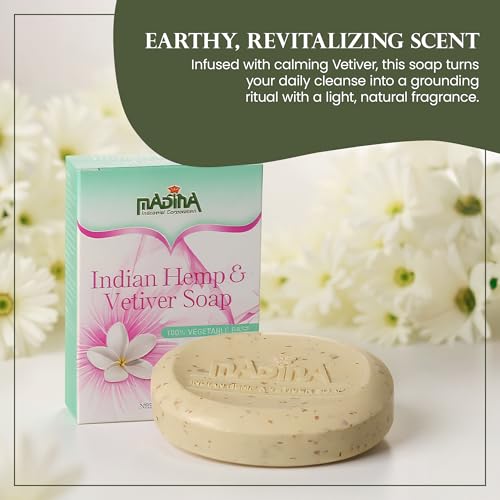 Madina Indian Hemp Vetiver Soap Bar ? Moisturizing, Nourishing, Shea Butter, Oat, Wheat Bran, Gentle Cleanser, 100% Vegetable-Based, For All Skin Types, 6 Pack (3.5 oz Each)
