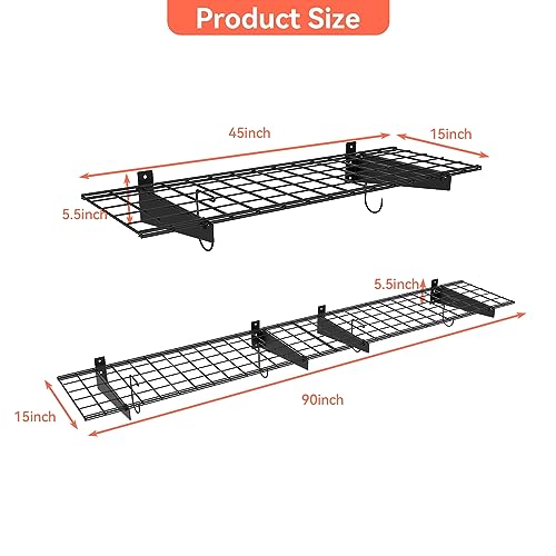 Garage Wall Shelves 2-Pack - 15x45 Inch Wire Storage with Hooks, Black