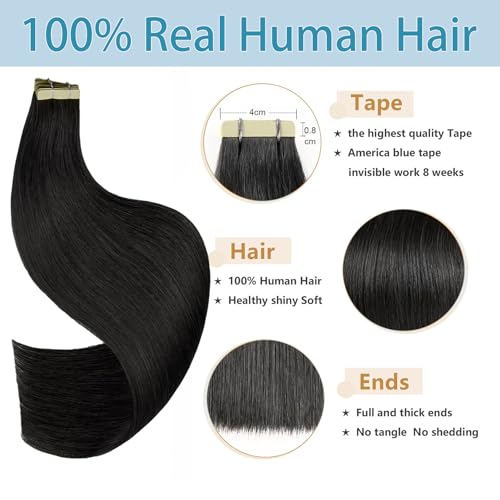 14 Inch Natural Black Tape-In Hair Extensions 20Pcs Seamless Thick Human Hair