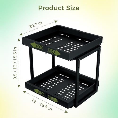 Adjustable Pull Out Kitchen Cabinet Organizer 2-Tier Slide Out Drawer, Heavy Duty Steel, Black, 20.7"D x 12-18.5"W