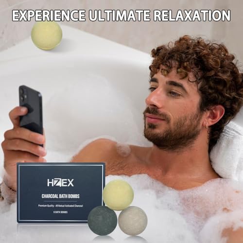 Activated Charcoal Bath Bombs for Men - Detox & Relaxation, 6-Pack with 3 Scents - Sealed Aromatherapy, Vegan Skincare