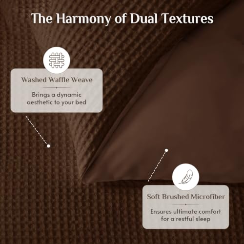 Queen Size Waffle Wave Duvet Cover Set with Pillow Shams - Dark Brown, 3-Piece, OEKO-TEX Certified