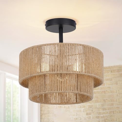Boho Coastal Hemp Rope Ceiling Light Fixture - Rustic Rattan Semi Flush Mount, 3-Light