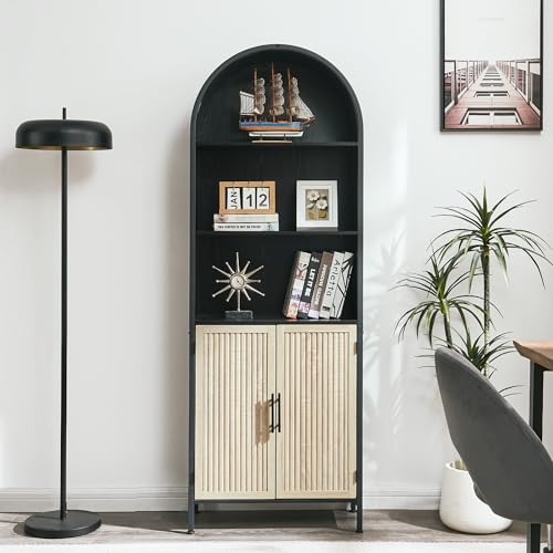 VIPLUMI Arched Bookcase with Doors, 5-Tier Tall Oak & Black, Without Glass Door
