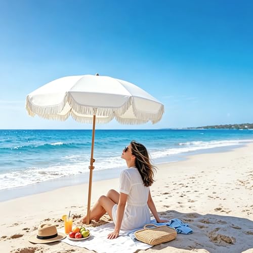 Seazul 6.5ft Patio Umbrella with Fringe – Elegant Cream, Tilt, Anti-Rust Aluminum Pole