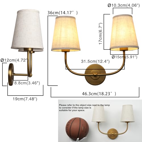 Brass Gold Double Wall Sconce with Linen Beige Fabric Shades - 2 Light Vintage Fixture - Hardwired with Variation Brass Gold / 1 Pack-2 Light-Hardwired