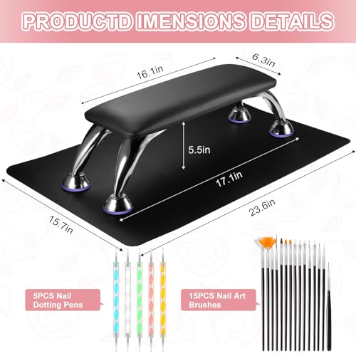 Black Microfiber Leather Nail Arm Rest for Tech, Removable Hand Support with Tools