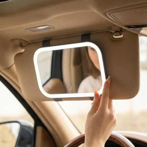 Fancii Car Sun Visor Makeup Mirror with Light, Rechargeable, 3 Color Modes, Dimmable, Adjustable Strap Clip-On Vanity Mirror, Universal fit, Built-in Kickstand (Juni 2) - Black