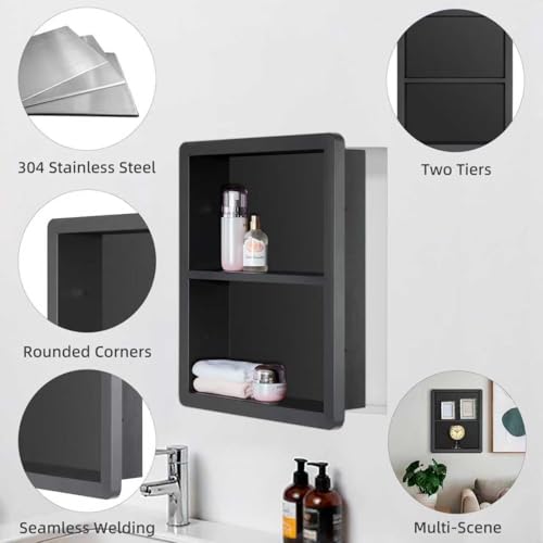 IDYLLOR Matte Black Recessed Shower Niche 14x18 Stainless Steel Bathroom Storage Cabinet