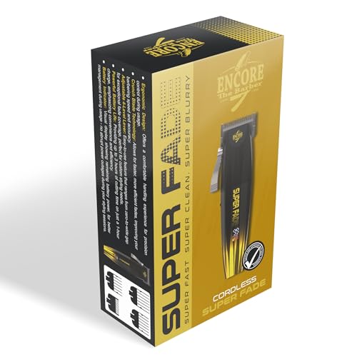 Super Fade Professional Hair Clipper for Barbers Fast Clean Blurry Fades | Four Click Lever | Whisper Quiet | Rechargeable Cordless | Over 90 Minutes Run time | Crunchy Blade