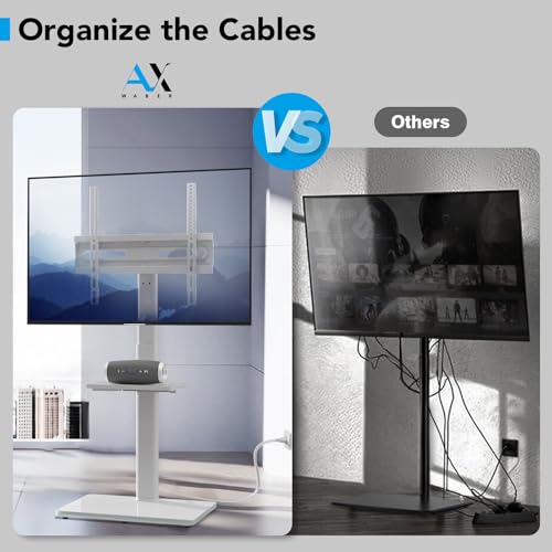 White Floor TV Stand with Power Outlet & Shelf for 27-65 inch TVs, 70° Swivel, 9-Level Height Adjustable
