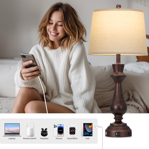 Vintage Brown Set of 2 Table Lamps with USB Charging & 3-Way Dimmable Touch for Bedroom & Living Room