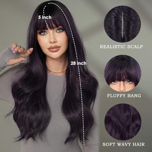 28 Inch Dark Purple Wavy Synthetic Wig with Bangs - Heat-Resistant Fiber for Women & Girls - Holiday, Party, Daily Use Variation of Dark Purple / 28.0 Inches