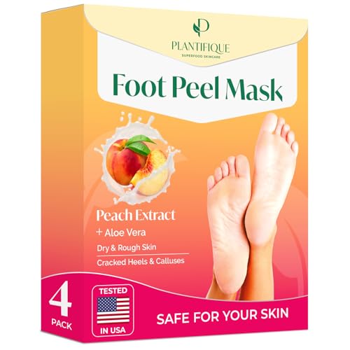 PLANTIFIQUE Foot Peeling Mask 4 Pack | Dermatologically Tested Repairs Heels & Removes Dry Dead Skin for Baby Soft Feet | Exfoliating Foot Peel Mask for Dry Cracked Feet | Peach