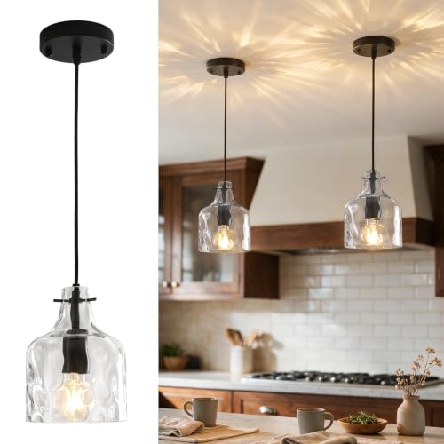 2 Pack Black Hammered Glass Pendant Lights - Adjustable Farmhouse Kitchen Island Fixture