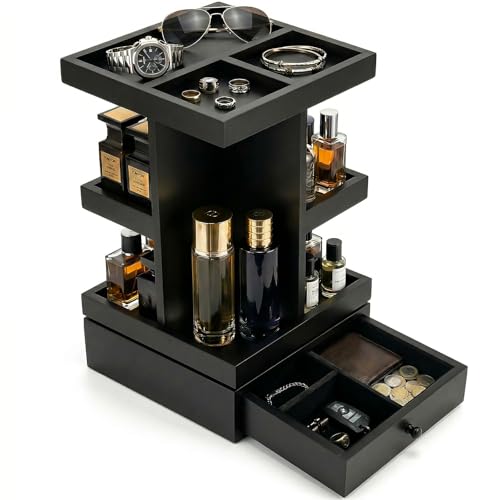 4-Tier Rotating Cologne Organizer for Men with Drawer - Modern Black