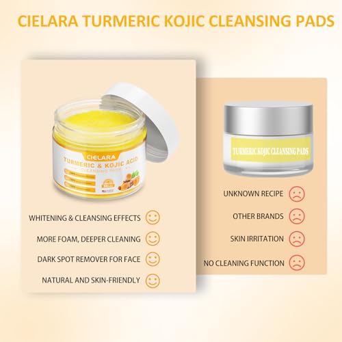 Turmeric Kojic Acid Cleansing Pads for Dark Spots, Lemon Turmeric Pads with Vitamin C & E, Deep Clean Pores, Hydrate & Plump Skin Exfoliating with Kojic Acid 50 Count