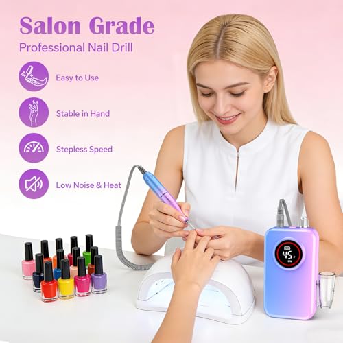 ORFASTAR Pink Nail Drill Pro 45000 RPM Wireless Electric Nail File Kit with 11 Bits & Sanding Bands